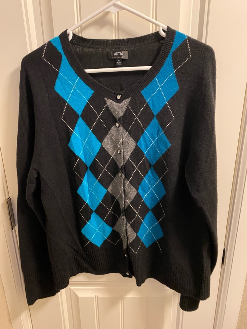Apt 9 Cashmere Sweater XL Cardigan Black Turquoise Gray Button Long Slv Argyle